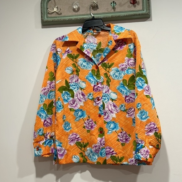 Vintage 70s PYKETTES dagger collar purple blue rose orange button-down shirt - Picture 4 of 7
